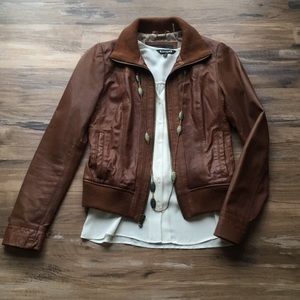 Cognac Leather Bomber Jacket by Black Rivet